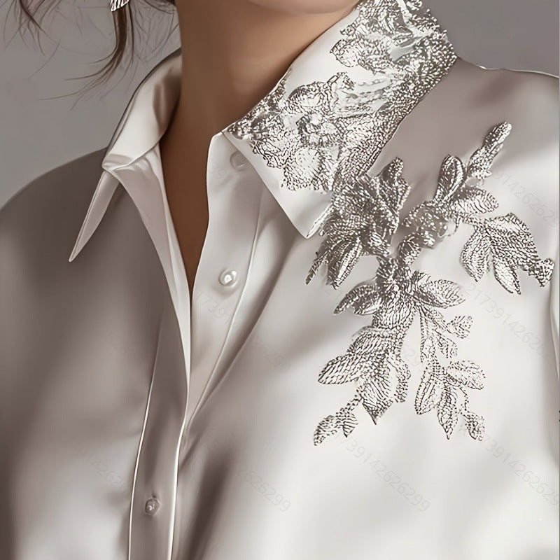 European & American Quality Apricot Embroidery Loose Chiffon Top Shirt