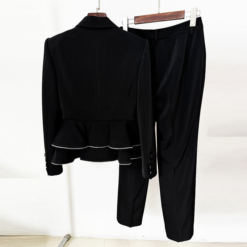 Black Zipper Ruffled Blazer & Skinny Pants Two-Piece Suit