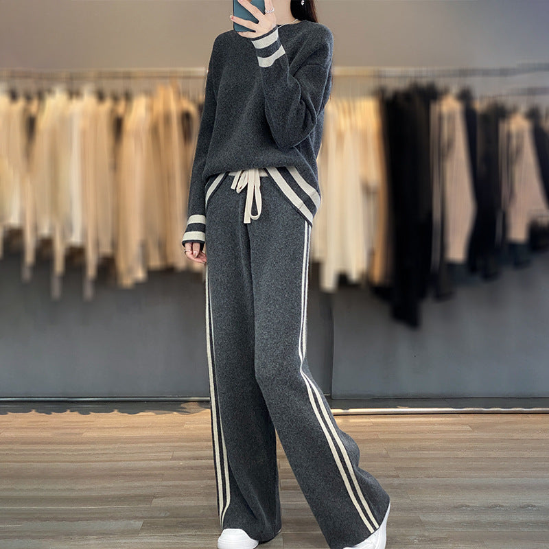 Wool Knit Sweater & Wide Leg Pants Set Casual Lounge Suit