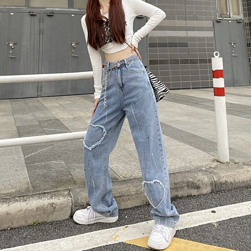Brushed Heart Patch High Waist Straight Jeans