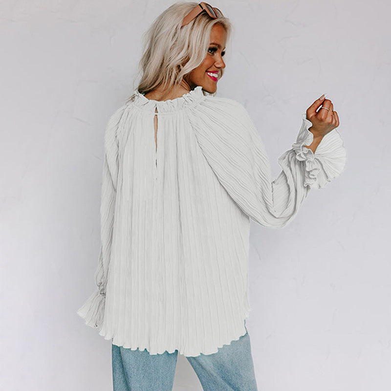 Autumn Winter Pullover Loose Top with Pleated Texture and Ruffle Sleeves