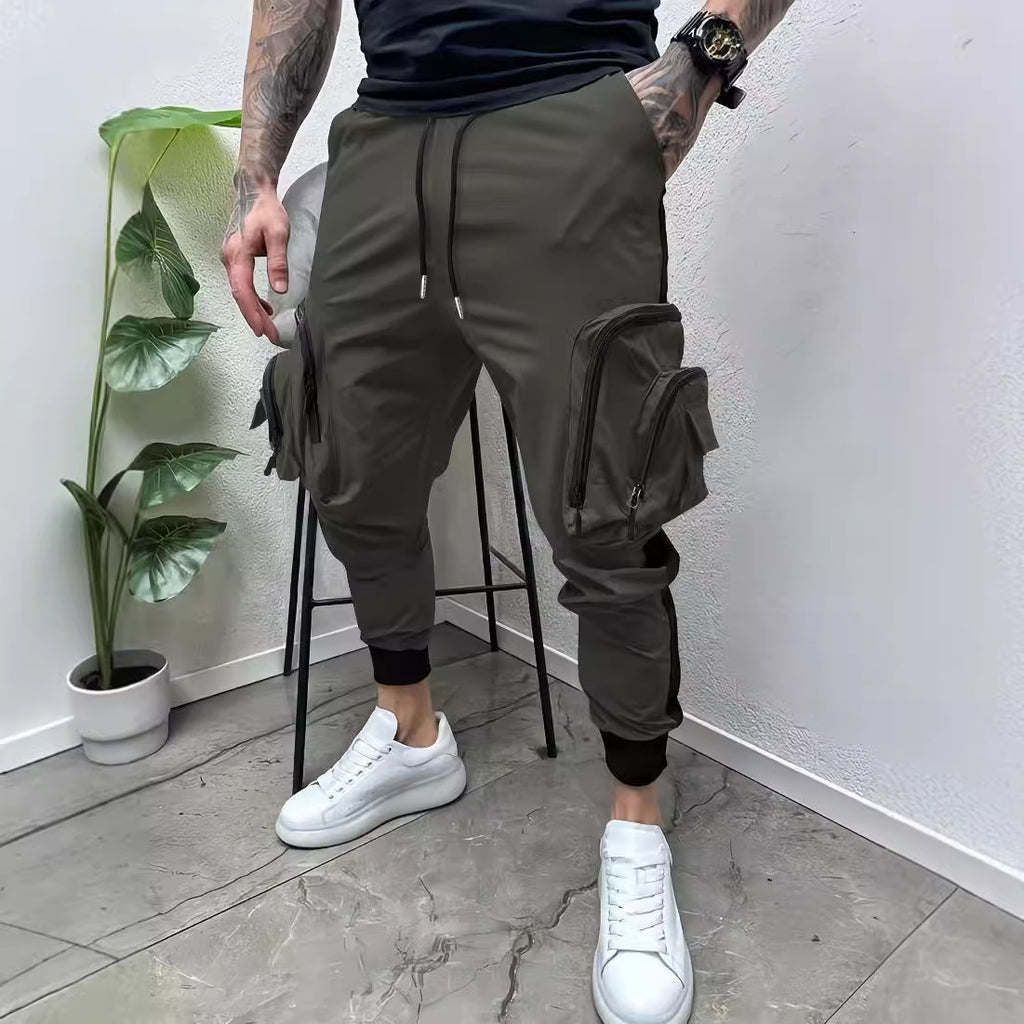 Casual Multi-Pocket Colorblock Tapered Zipper Overalls