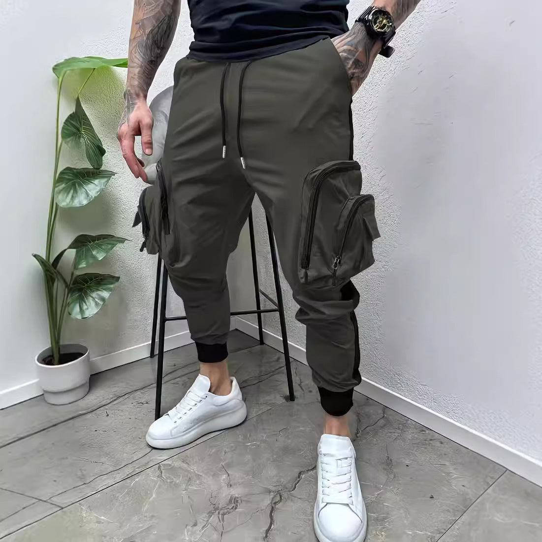 Casual Multi-Pocket Colorblock Tapered Zipper Overalls