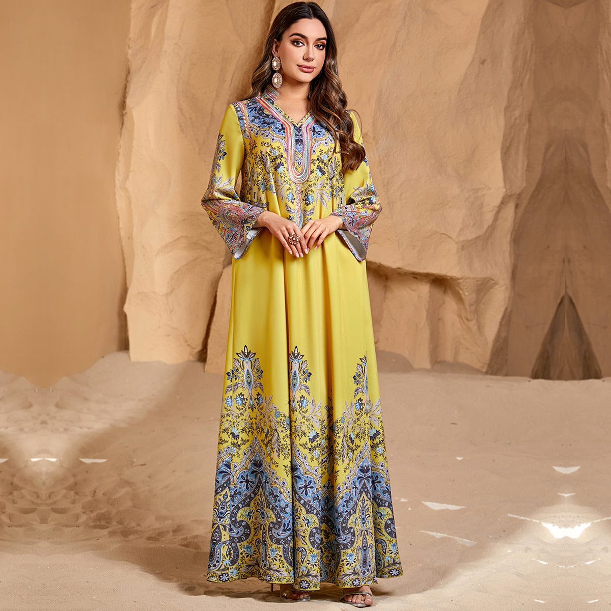 Printed Women's Arabian Casual Abaya Round Neck Loose Dress