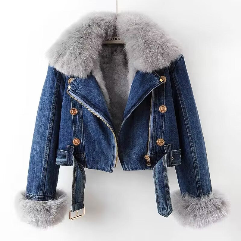 Detachable Fox & Rabbit Fur Liner Denim Coat in Blue