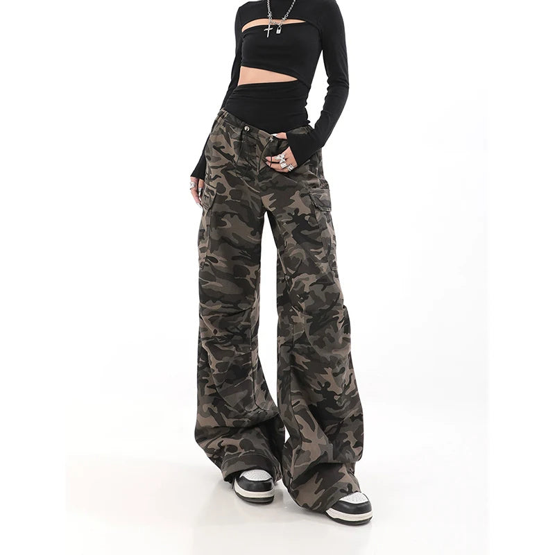 American Retro Women's Camouflage Denim Cargo Pants Summer Loose High Waist