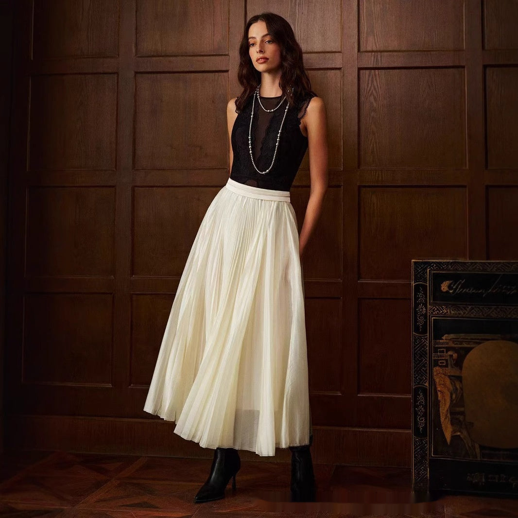 French Style White Pleated High Waist Chiffon Skirt