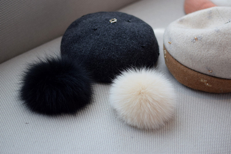 Women's Vintage Wool Dome Hat with Fox Fur Ball for Autumn Winter M 56-58cm
