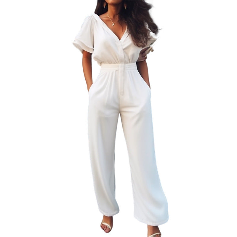 Women's Short-Sleeve V-Neck Jumpsuit in Black, White, Blue & Green