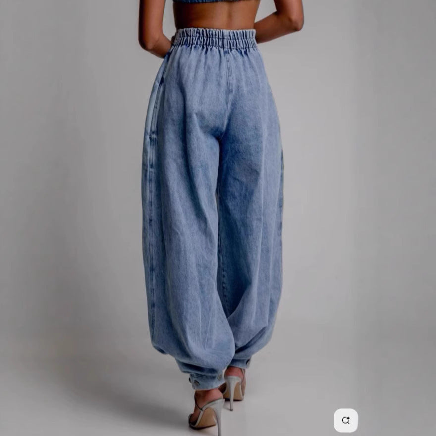 Jean ample taille haute avec attaches aux chevilles et fermeture éclair