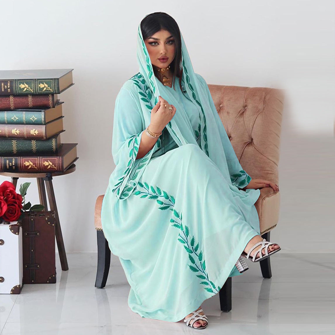 Chiffon Long Islamic Embroidered Crew Neck Dress With Headscarf