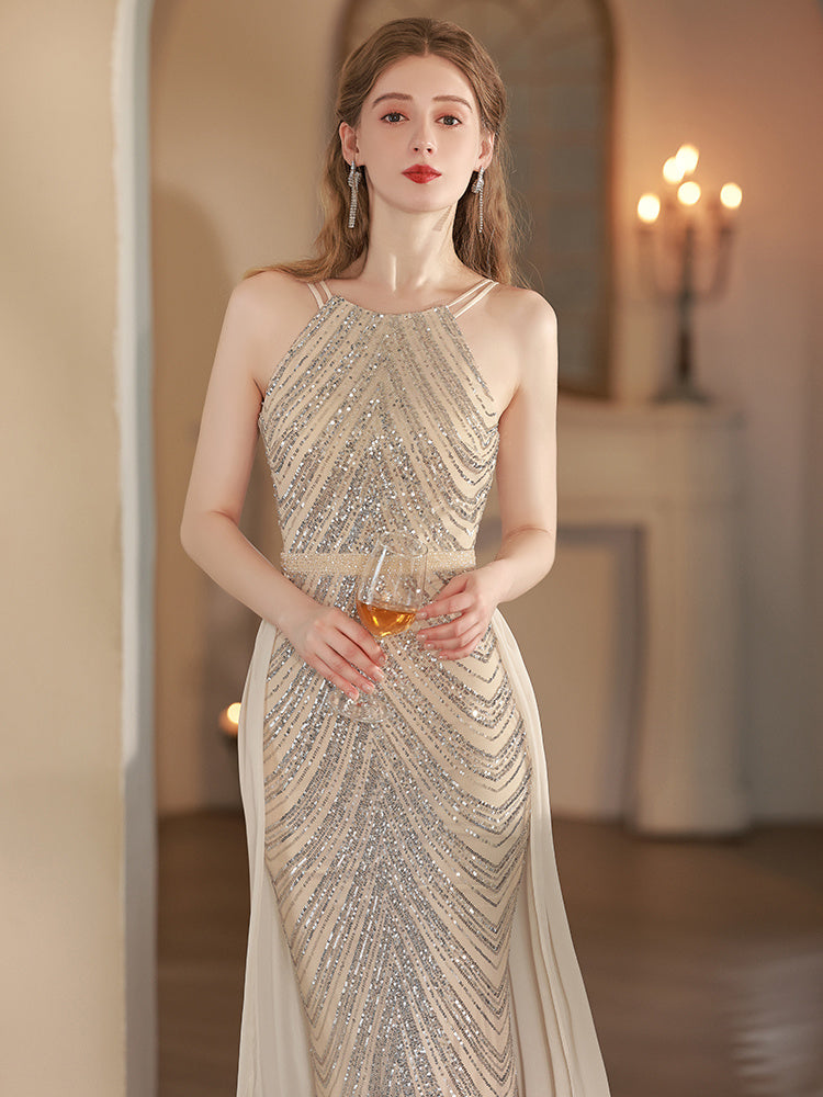 Robe de soirée sirène couleur champagne doré pour femme, luxe haut de gamme