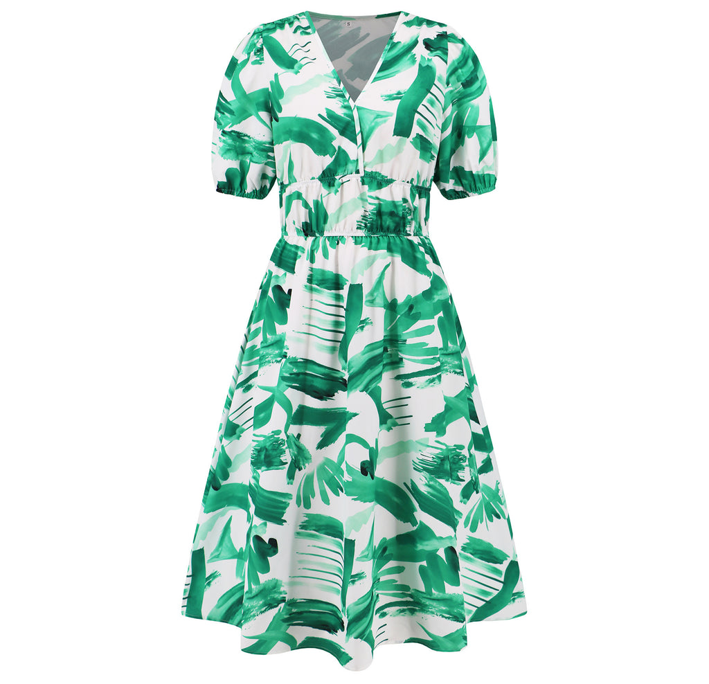Robe d'été femme col en V imprimé floral bohème avec manches bouffantes
