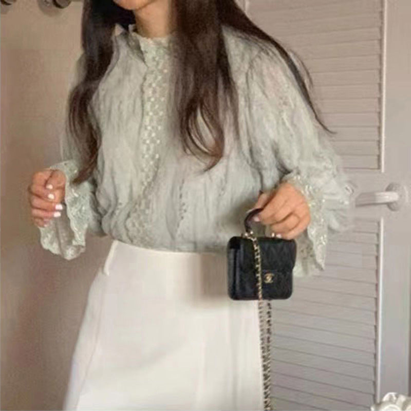 Elegant Lace Puff Sleeve Stand Collar Shirt Women