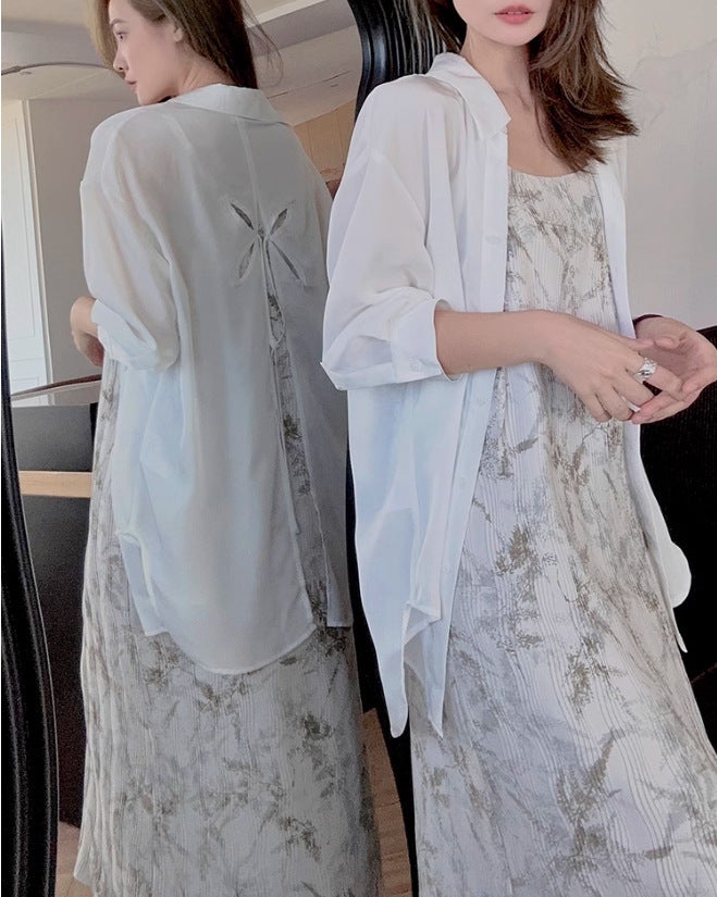 French Romantic White Lace-Up Openwork Blouse for Women
