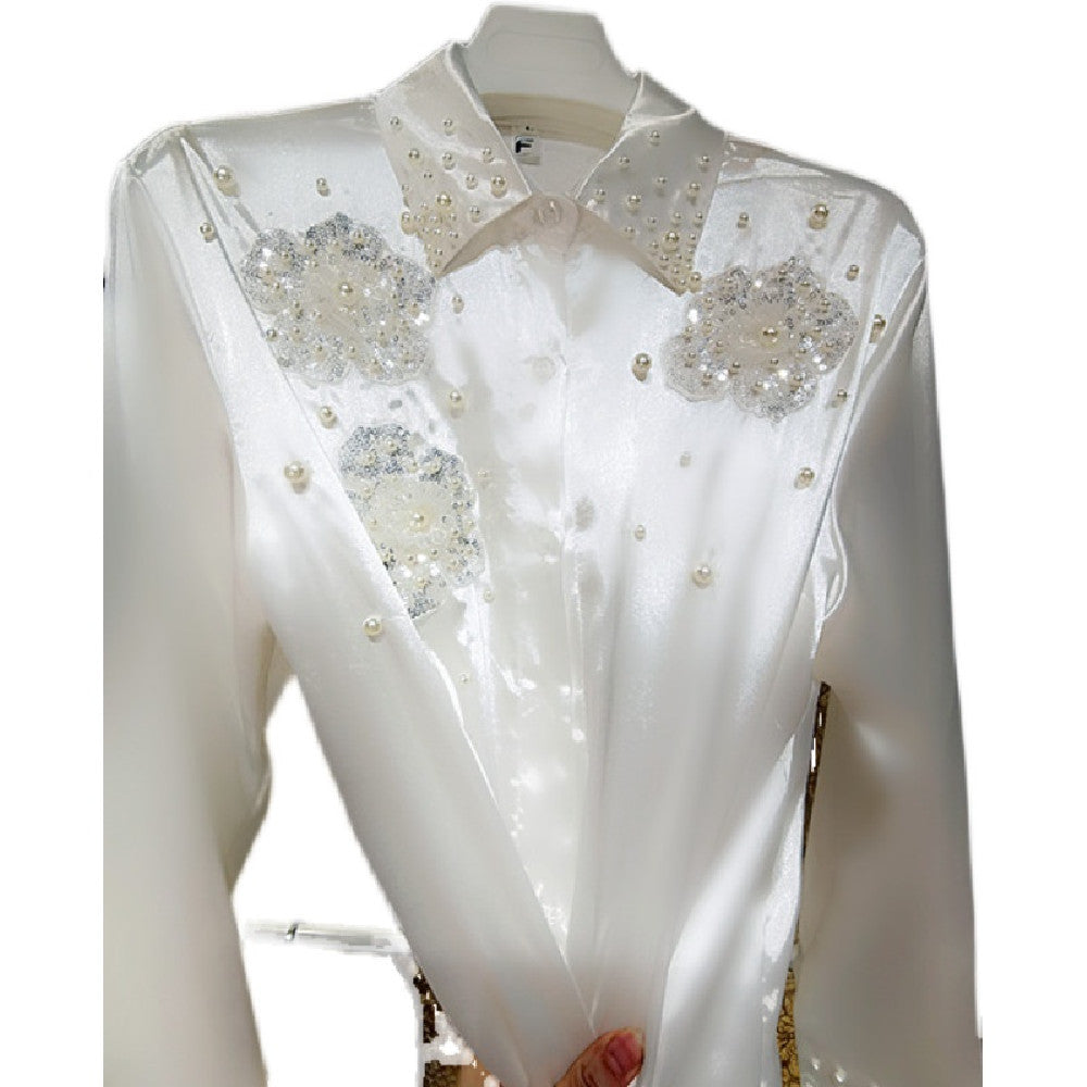 Women's Oversize White Polo Collar Loose Shirt Polyester