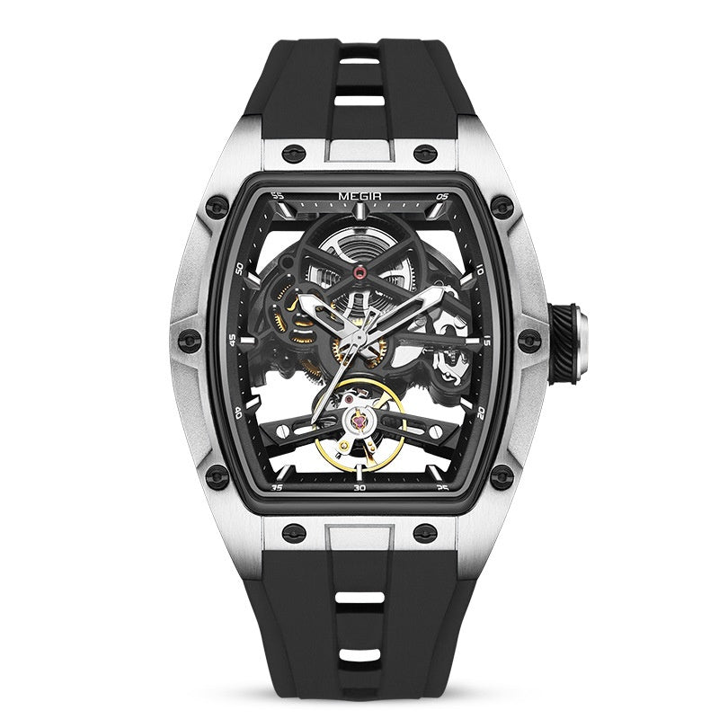 Montre mécanique ajourée pour homme avec bracelet en silicone