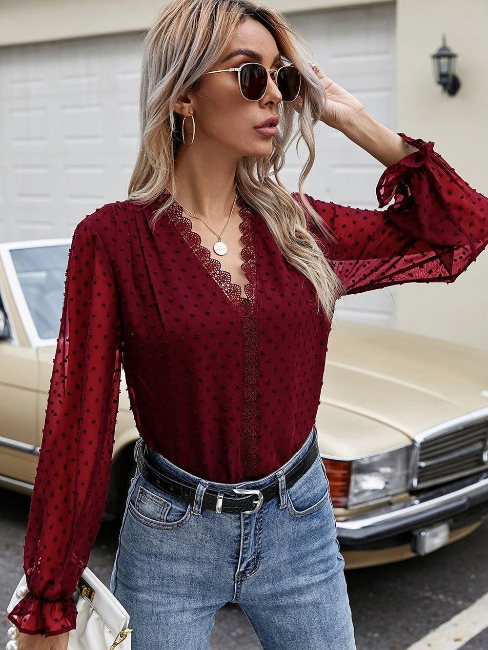 Paneled Lace VNeck Long Sleeve Dot Chiffon Shirt Top