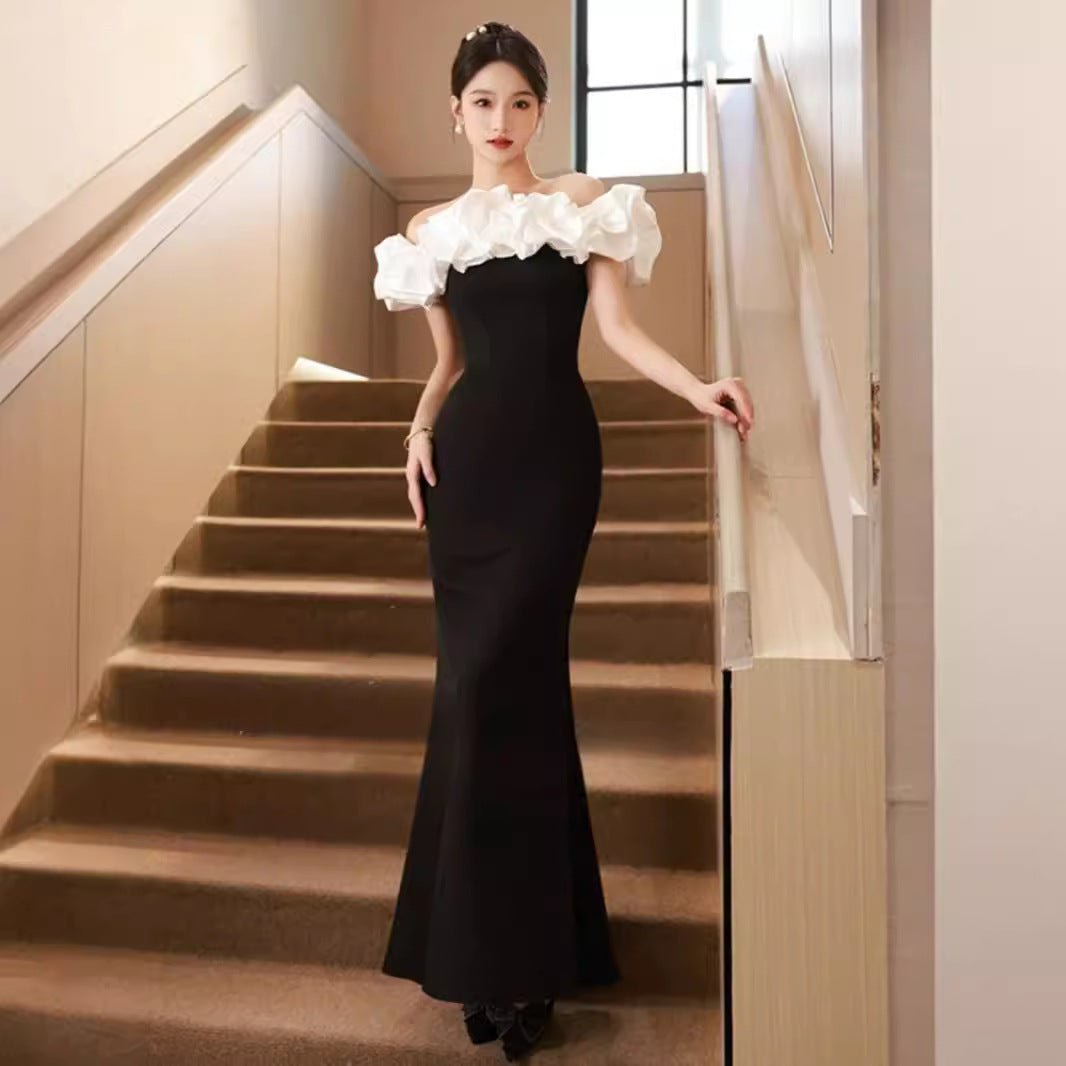 Robe de soirée française pour femmes, style épaules dénudées, en noir et rouge, tailles S-2XL