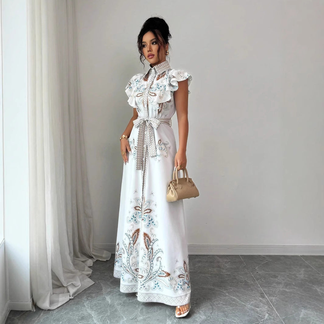 Robe mi-longue pour femmes du Moyen-Orient, imprimée rétro, à manches longues, taille cintrée et col montant
