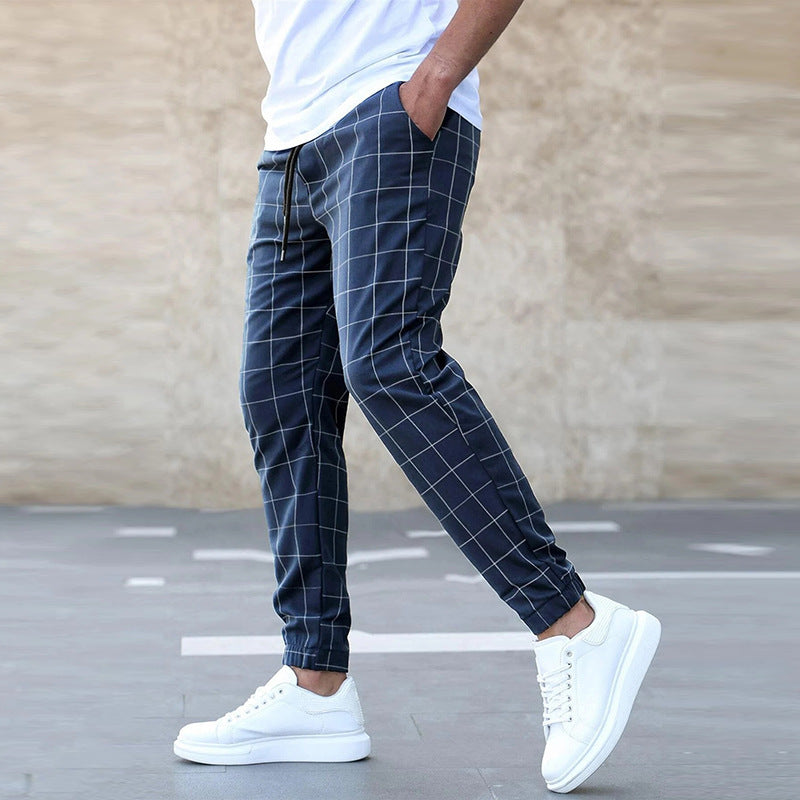 Pantalon décontracté à carreaux pour homme avec cordon de serrage, taille mi-haute, coupe droite