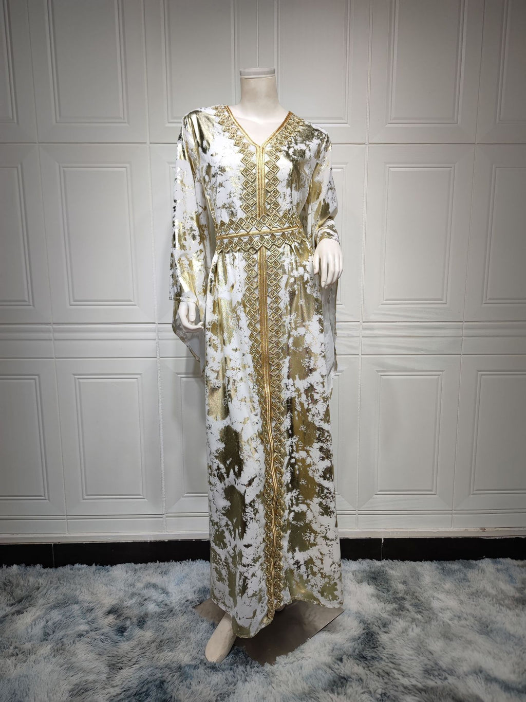 Muslim Chiffon Bronzing Long Sleeve Robe with Belt Dress