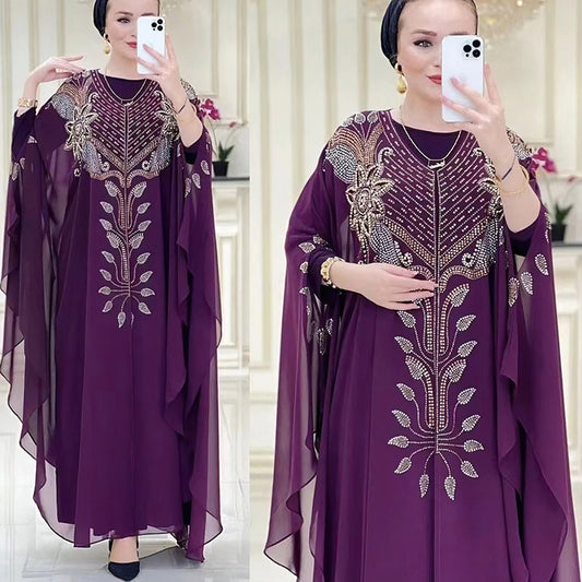 Dress Chiffon Heavy Embroidery Hot Drilling Arab Abaya Robe