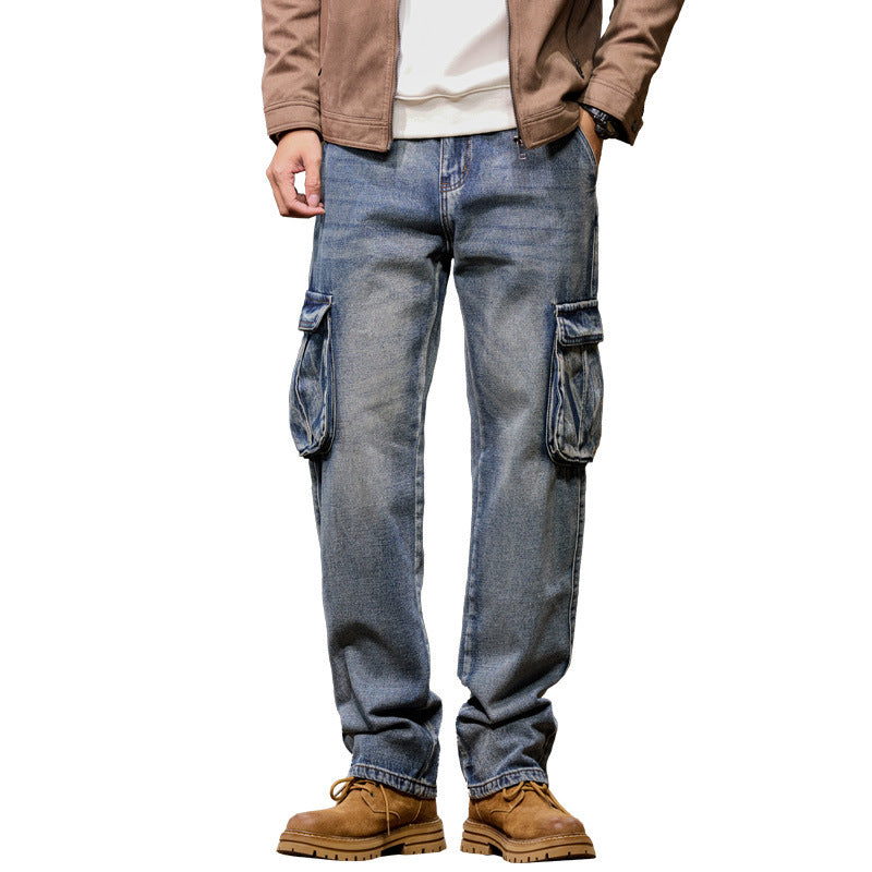 Hip Hop Men's Retro Nostalgic Multi-Pocket Denim Pants
