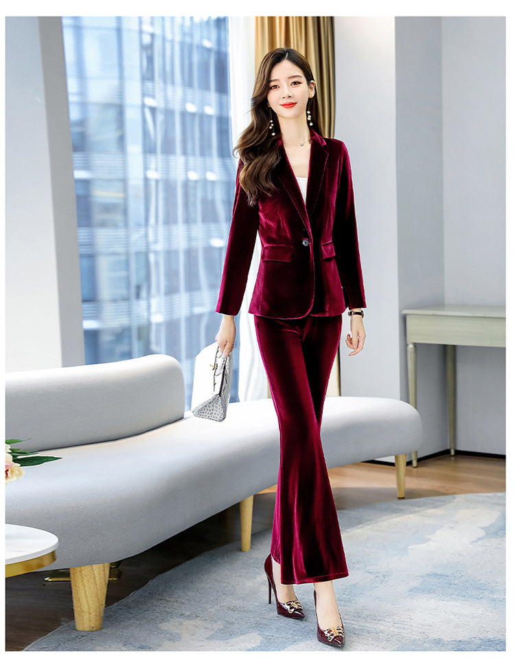 Costume de mode professionnel en velours doré, style OL, allure soignée et élégante