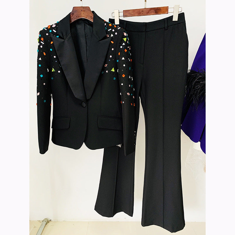Beaded Color Diamond Two-Piece Suit Coat and Pants Black Polyester