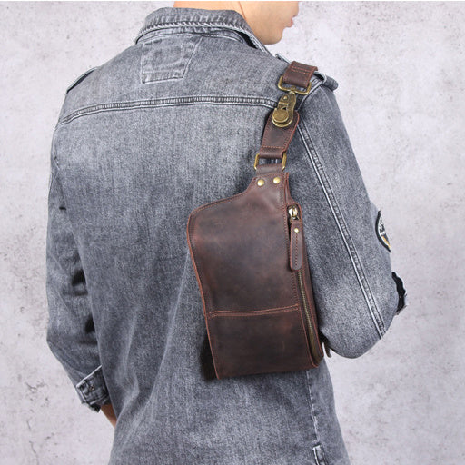 Men's Large-Capacity Dark Brown Cowhide Leather Retro Chest Bag Crossbody