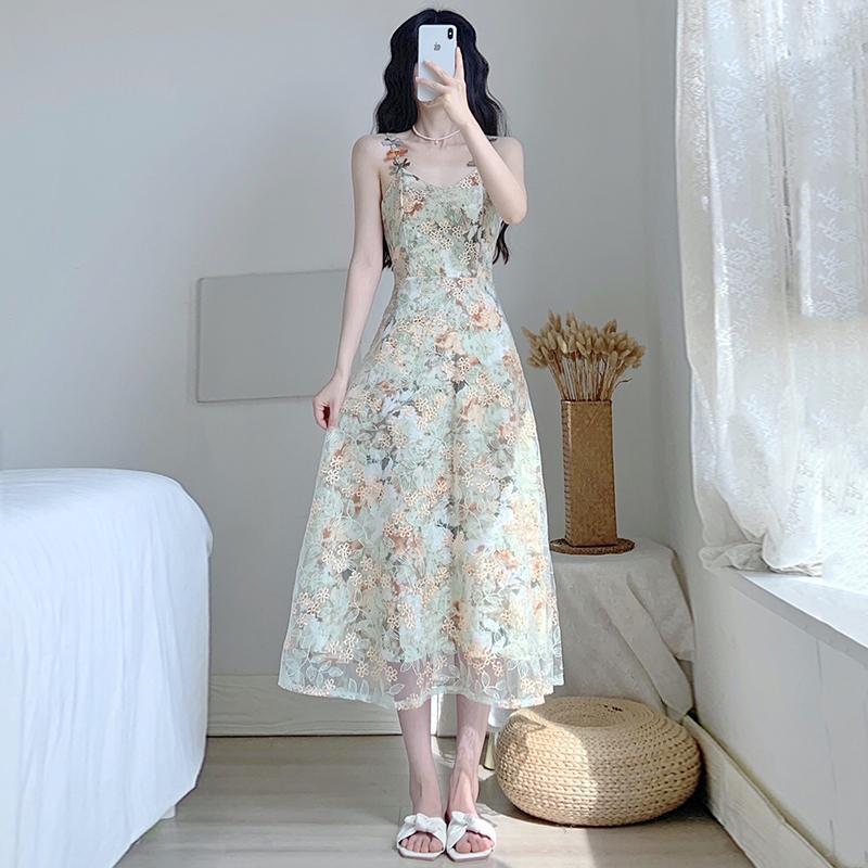 French Retro Green Lace Spaghetti Strap Dress Summer