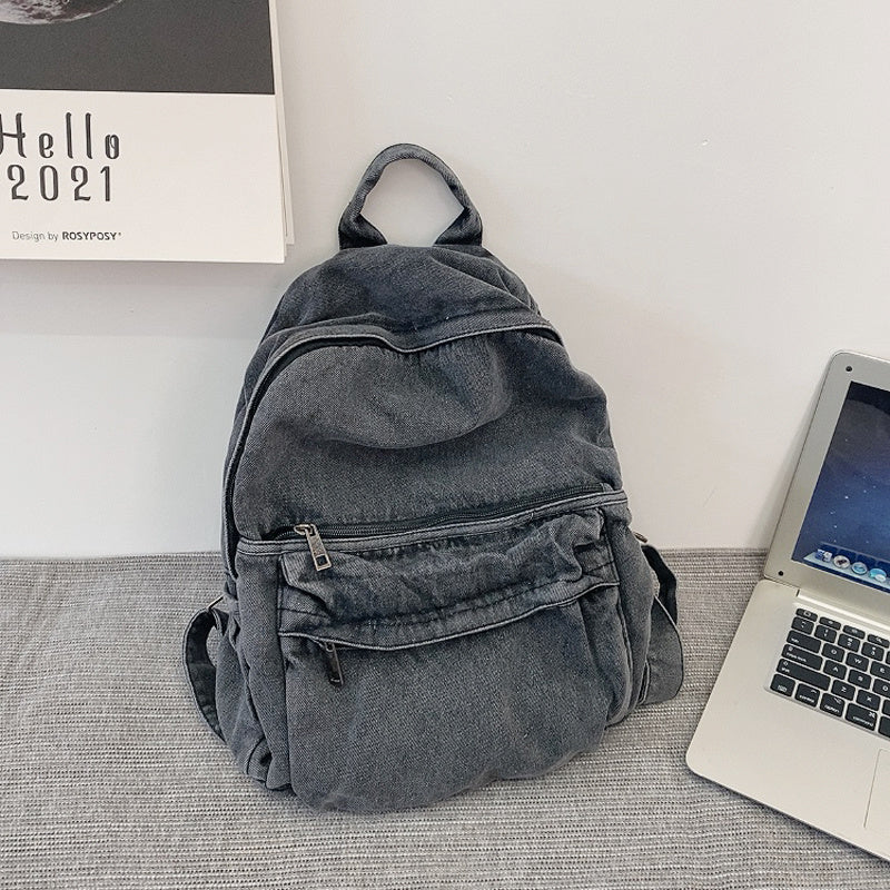 Minimalist Washed Denim Canvas Shoulder Bag - Blue & Grey, 38x34x12CM