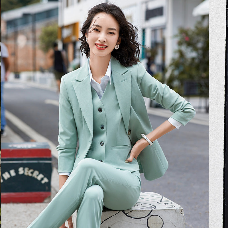 Fashion Lady Professional Blazer Suit with Vest and Trousers in Purple, Green, Navy Blue