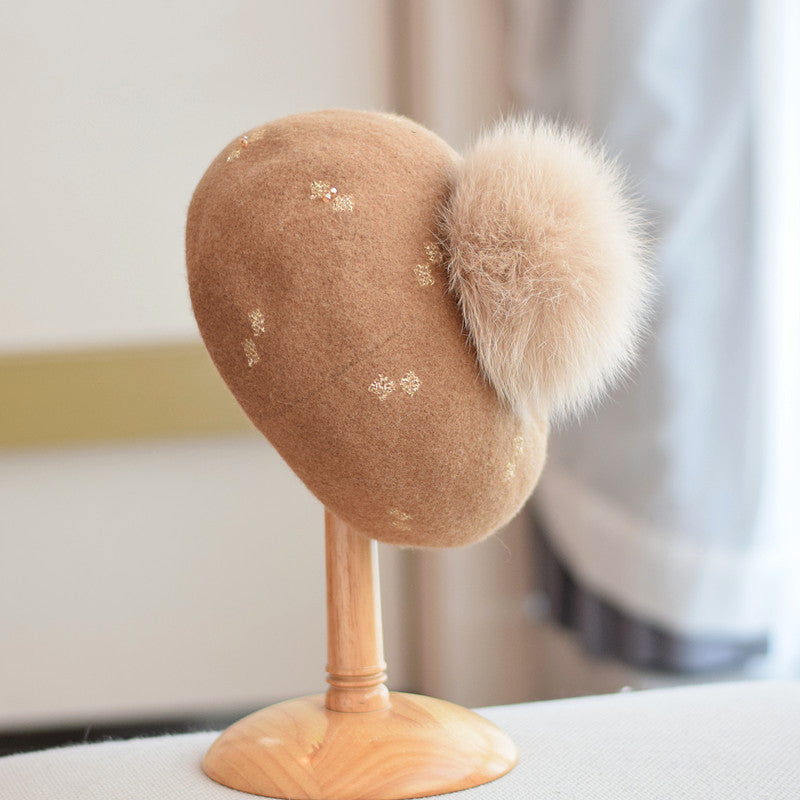 Women's Vintage Wool Dome Hat with Fox Fur Ball for Autumn Winter M 56-58cm