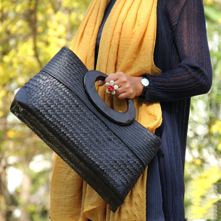 Handmade Black Straw Rattan Women's Handbag 37CM