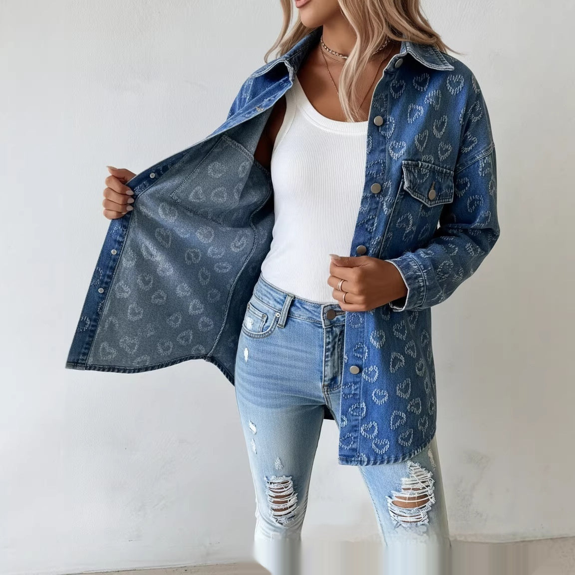 Veste en jean jacquard bleu cœur rétro femme, imprimé intégral