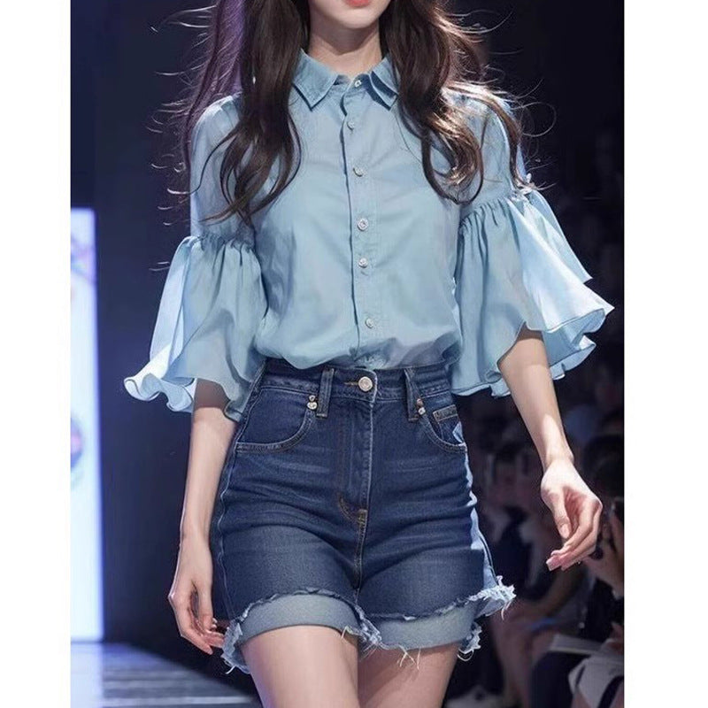 قميص شيفون أزرق بأكمام واسعة