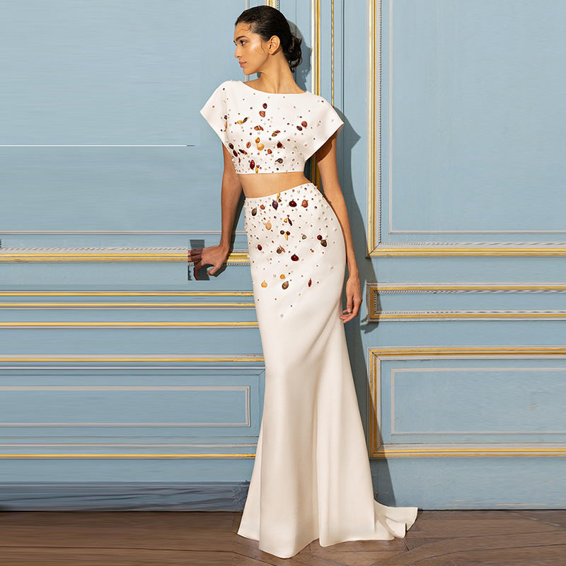 Apricot Rhinestone Shell Beads Short Top Suit for Women