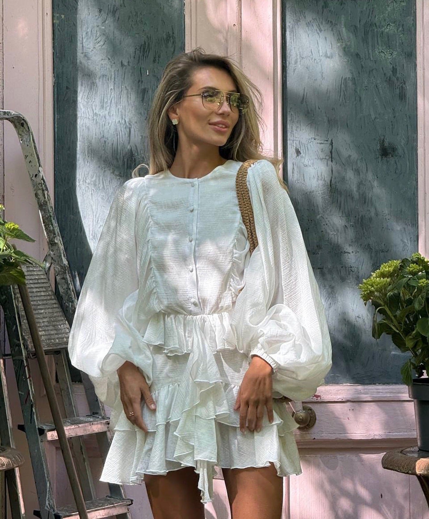 Simple Casual Style Solid Color Cascading Ruffles Lantern Long Sleeve Dress Women