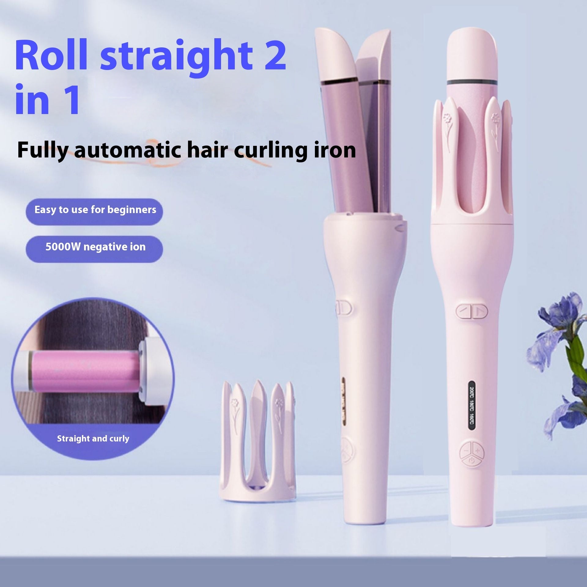 2-in-1 Automatic Hair Curler & Straightener with Negative Ion, Ceramic, Fast Heating, Rotating Magic Curler