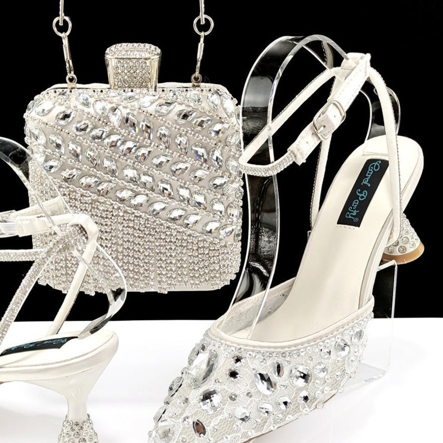 Ensemble de sandales à talons hauts et de sac à main à pompon 3D avec grands strass