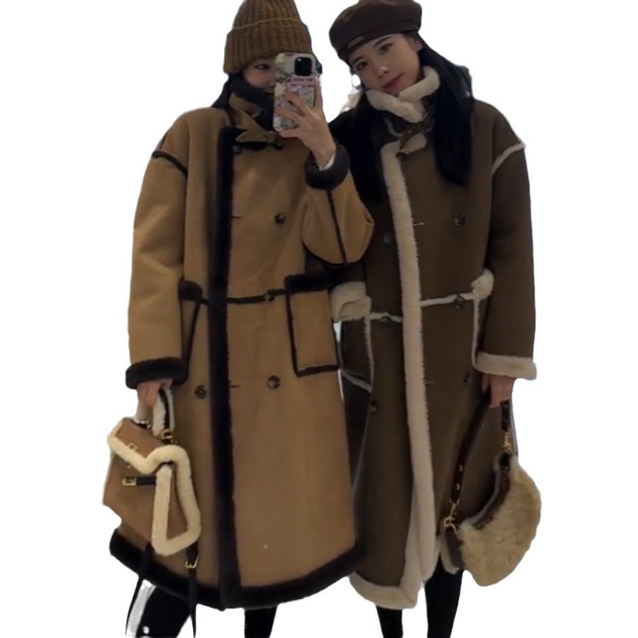 Manteau long ample d'hiver en laine d'agneau et cachemire double face pour femme avec particules de fourrure