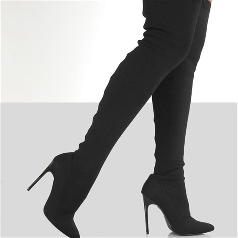 Women's Over-the-Knee High-Heel Knit Boots with Thick Heel
