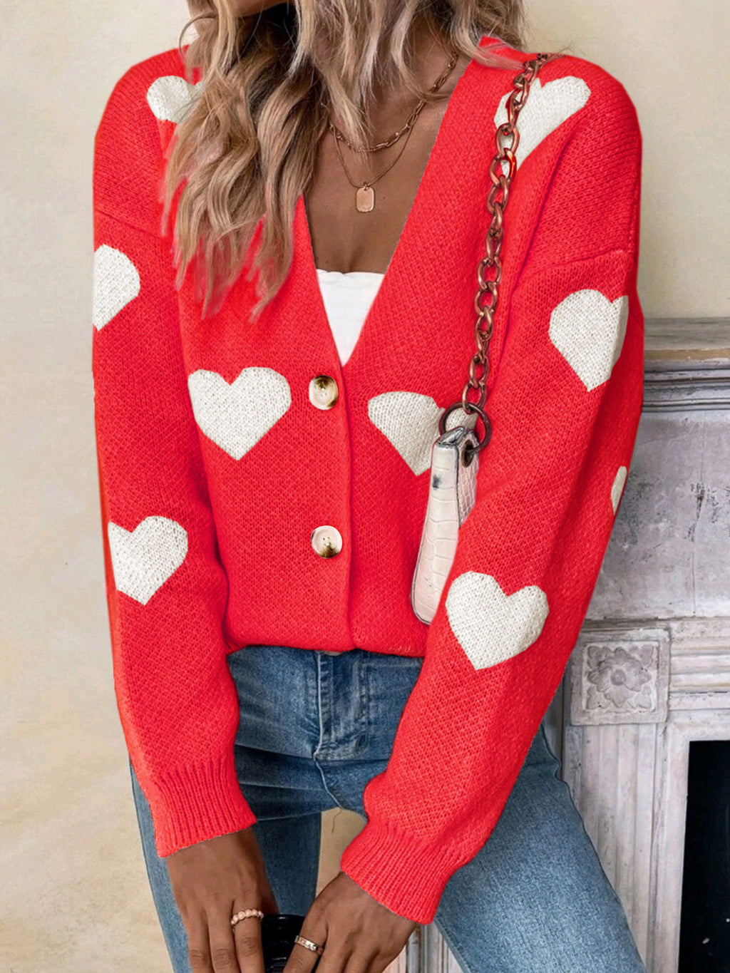Women's Long-Sleeve Love Pattern Cardigan Sweater for Valentine's Day