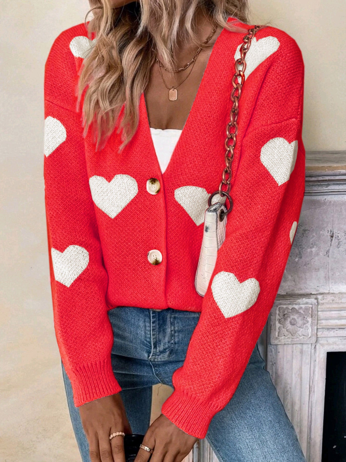 Women's Long-Sleeve Love Pattern Cardigan Sweater for Valentine's Day