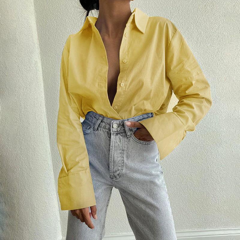 Women's Loose Casual Long-Sleeve Shirt in White, Yellow & Green