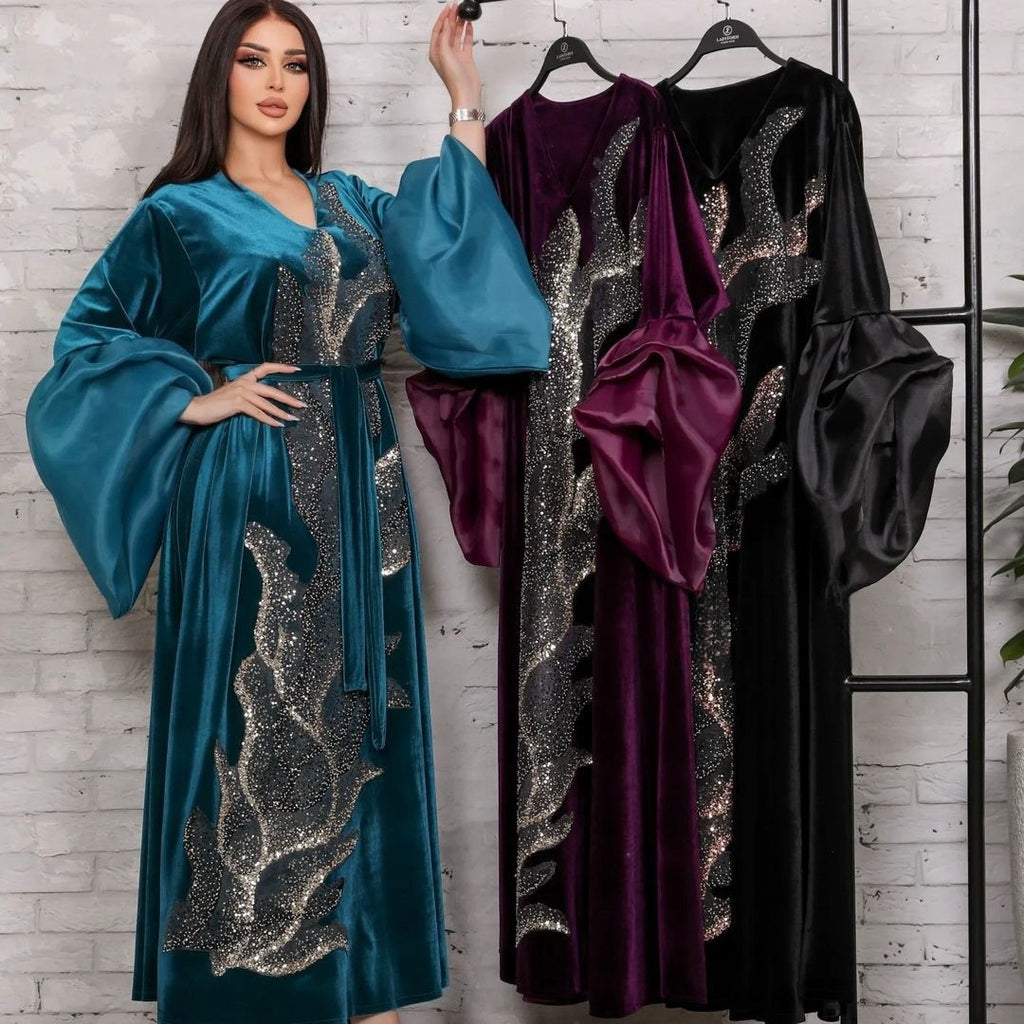 Robe longue en velours doré, tenue du Moyen-Orient