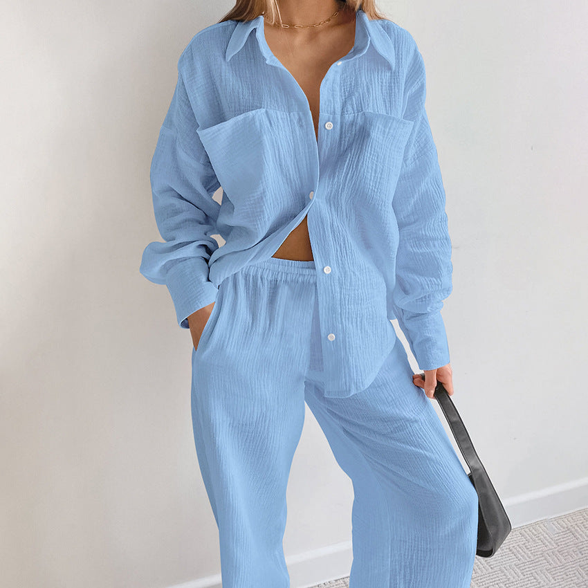 Women's Cotton Casual Loose Long Sleeve Shirt & High Waist Straight Pants Set