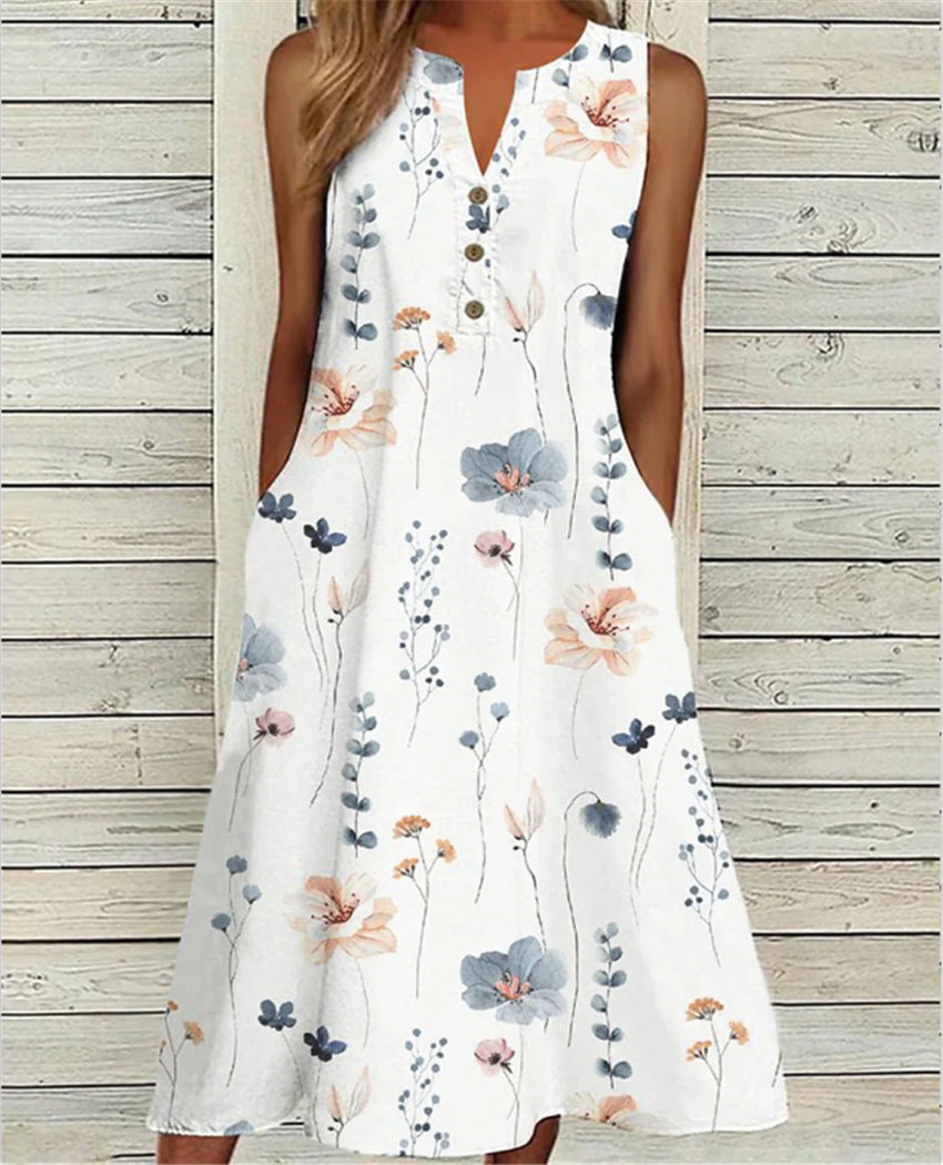 Summer V-Neck Casual Printed Long A-Line Skirt